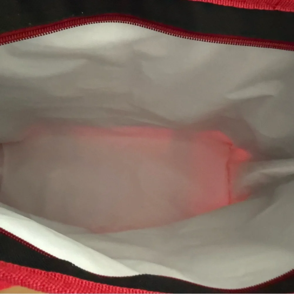 Trader Joes Insulated Reusable Shopping Tote Bag Zip Top Black Red Embroidered - Picture 9 of 9